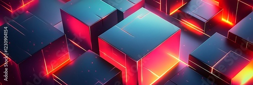 Vector design of bold 3D squares and triangles with neon light highlights captured in bright contrast lighting
