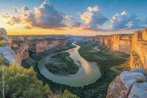 Scenic canyon with a winding river under a clear blue sky photo