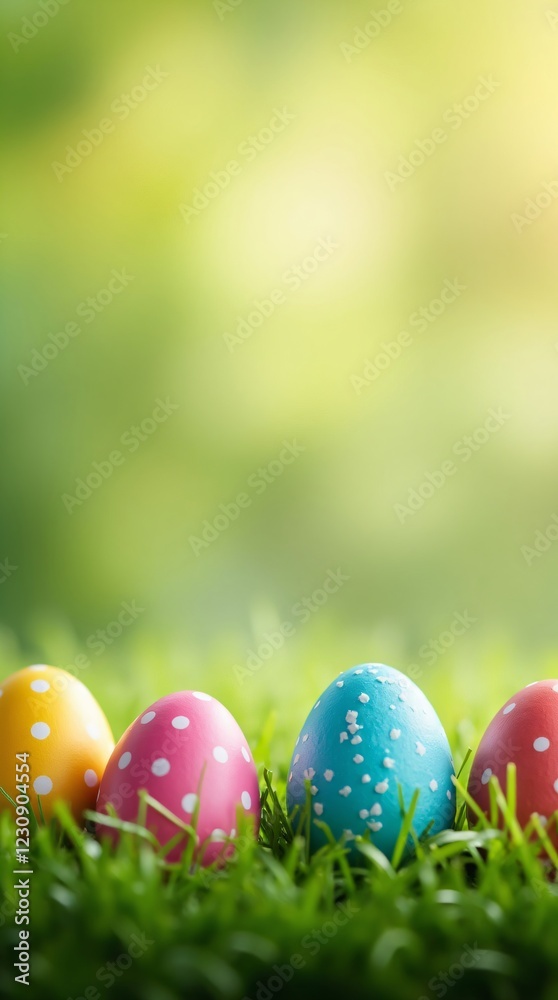 Colorful Easter eggs hiding in green grass on blurred background. Easter landscape. Spring background with copy space for greeting card, banner, poster, wallpaper