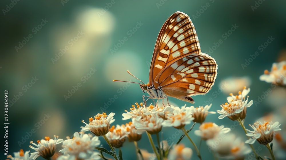 Obraz premium butterfly with brown and white wings perched on delicate flowers, showcasing nature beauty and tranquility. soft background enhances serene atmosphere of this moment