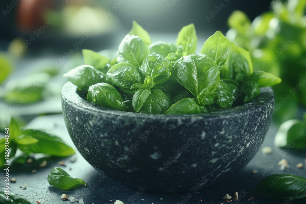 Bowl of fresh green herbs on a kitchen counter Bowl of fresh green herbs on a kitchen counter