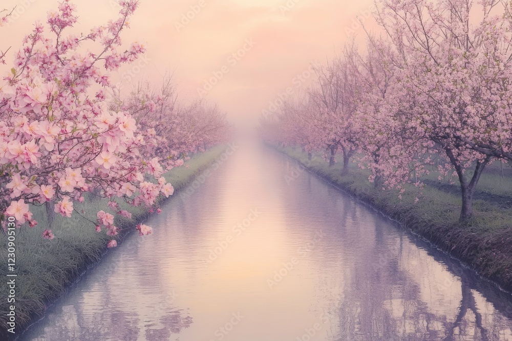 Springtime cherry blossoms over a river at sunrise Springtime cherry blossoms over a river at sunrise