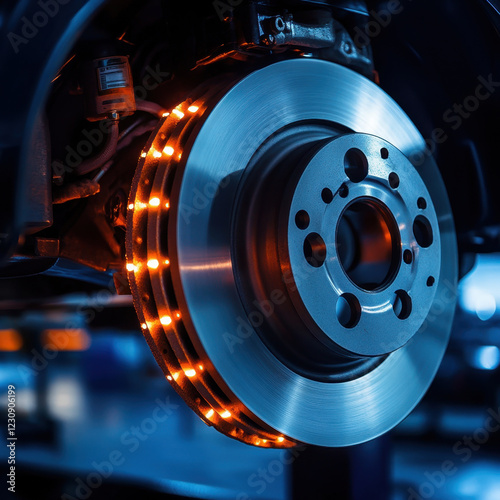 close up of car brake system showcasing metallic brake disc with illuminated lights, emphasizing its intricate design and functionality. image captures essence of automotive engineering