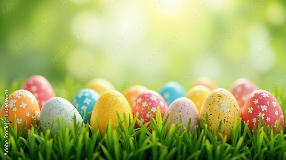 Colorful Easter eggs hiding in green grass on blurred background. Easter landscape. Spring background with copy space for greeting card, banner, poster, wallpaper Colorful Easter eggs hiding in green grass on blurred background. Easter landscape. Spring background with copy space for greeting card, banner, poster, wallpaper