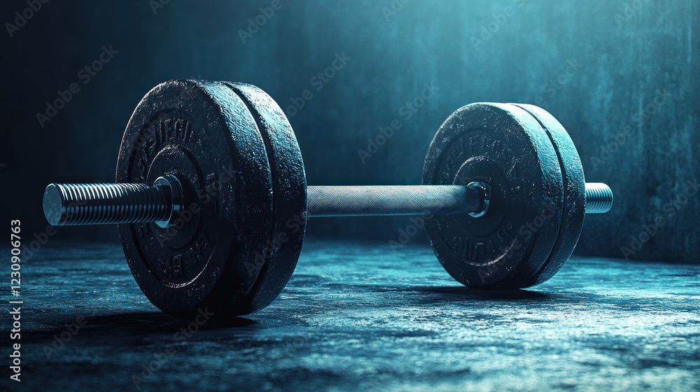 Naklejka premium A Heavy dumbbell on textured surface with dramatic studio lighting