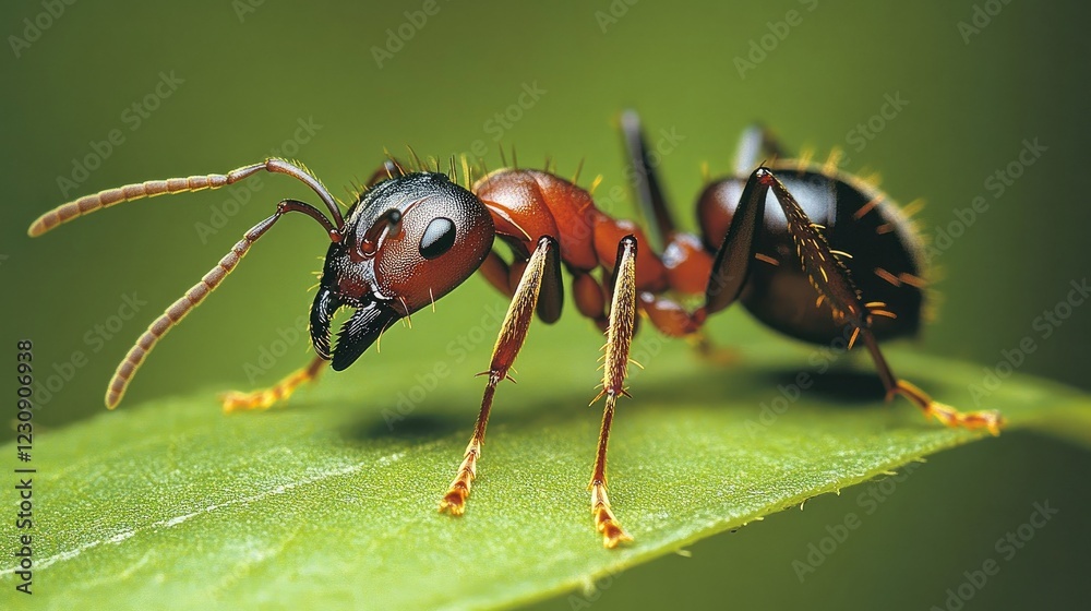 A detailed close-up of a single ant walking across a leaf, with its segmented body and antennae clearly visible, set against a natural green background.