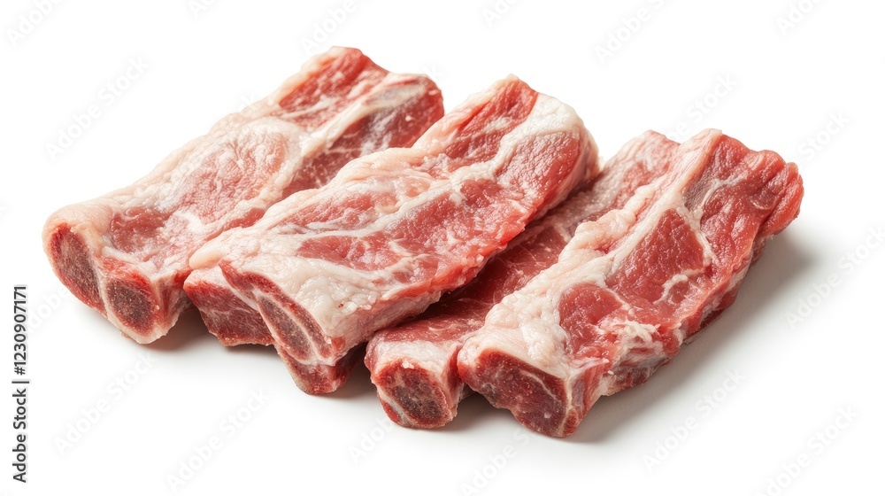 A detailed view of fresh pork ribs with a glistening surface, highlighting their texture and quality, set on a white background for a clean, professional look. A detailed view of fresh pork ribs with a glistening surface, highlighting their texture and quality, set on a white background for a clean, professional look.