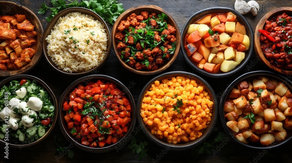 A variety of food is displayed in bowls on a table A variety of food is displayed in bowls on a table