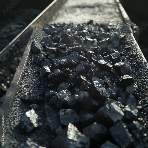 Extracted lignite coal moving on conveyor belt in open pit mine photo