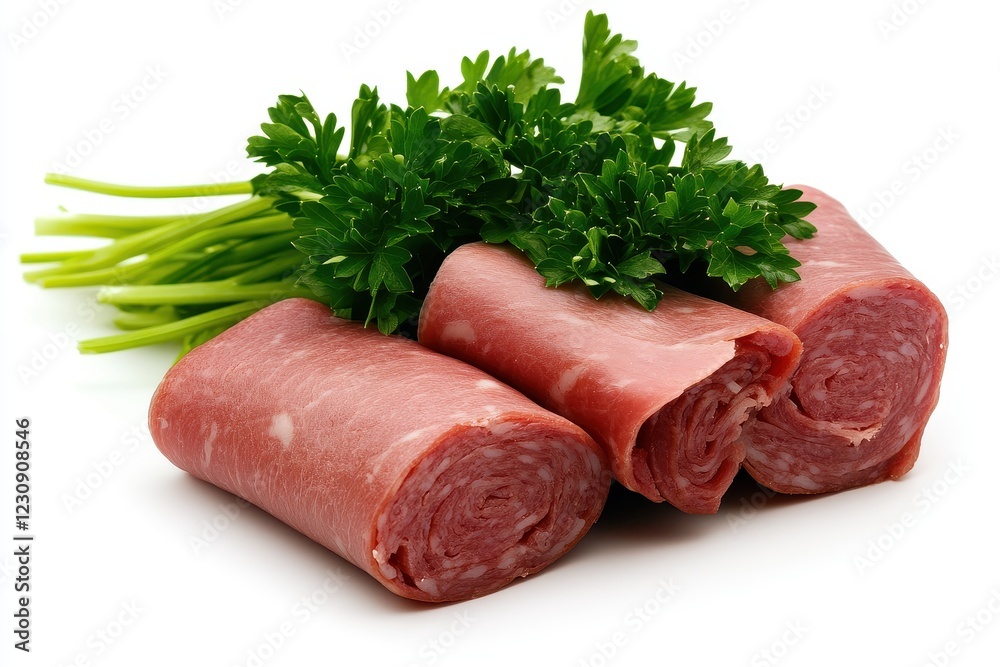 Fresh Parsley and Sliced Meat Rolls on a White Background for Culinary Concepts Fresh Parsley and Sliced Meat Rolls on a White Background for Culinary Concepts