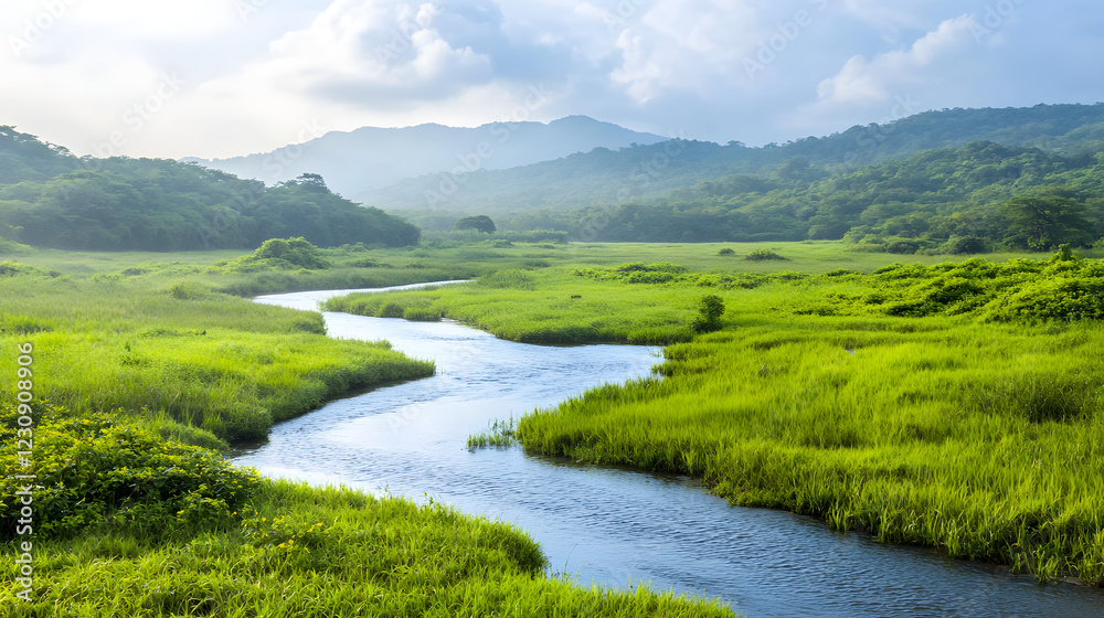 A picturesque wetland during the rainy season, with vibrant greenery, flowing water, and a variety of flora and fauna thriving in the habitat A picturesque wetland during the rainy season, with vibrant greenery, flowing water, and a variety of flora and fauna thriving in the habitat