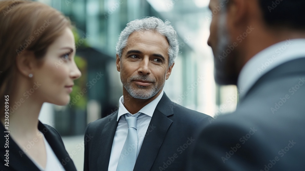 Three business professionals in formal wear engage in conversation outside during the day Three business professionals in formal wear engage in conversation outside during the day