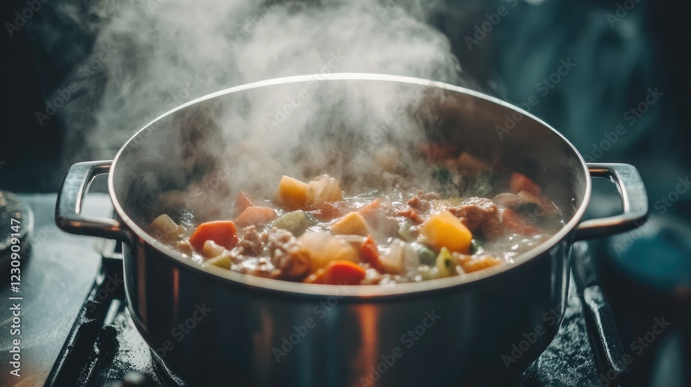 Fototapeta premium A high-angle shot of a bubbling pot of soup on the stove, with colorful vegetables and meat visible through the steam, creating a comforting cooking scene.