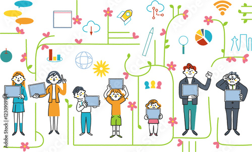 ICT教育とネットワークで繋がる人々　ITのシンボリックなアイコンのセットのストックイラスト素材
