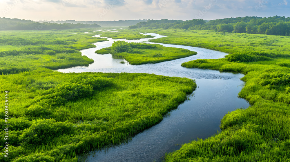 A picturesque wetland during the rainy season, with vibrant greenery, flowing water, and a variety of flora and fauna thriving in the habitat