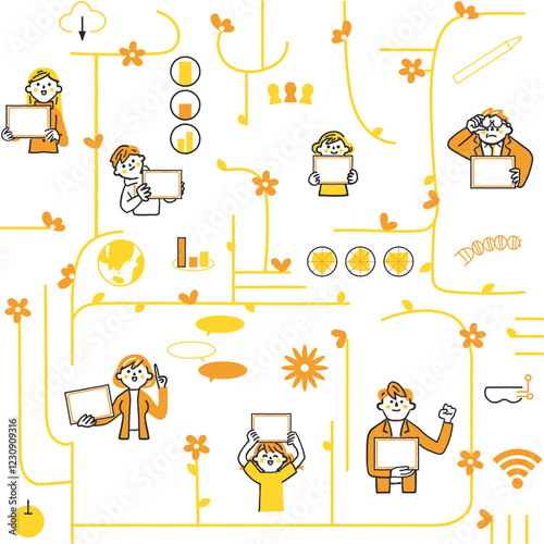 ICT教育とネットワークで繋がる人々　ITのシンボリックなアイコンのセットのストックイラスト素材
