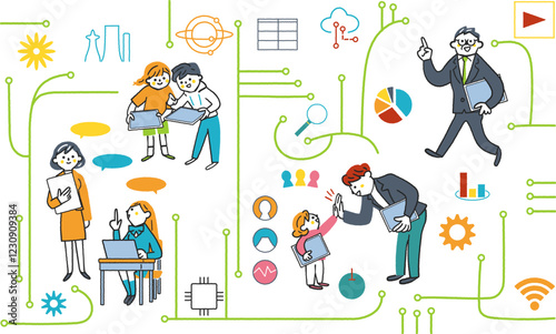ICT教育とネットワークで繋がる人々　ITのシンボリックなアイコンのセットのストックイラスト素材
