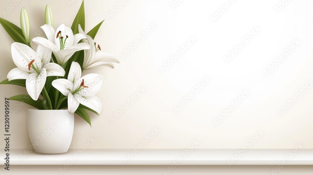 White Lilies in a White Pot on a Shelf White Lilies in a White Pot on a Shelf