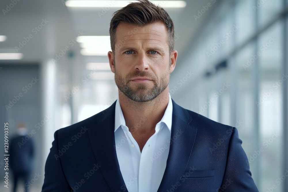 Confident adult caucasian male in blue suit at modern office Confident adult caucasian male in blue suit at modern office