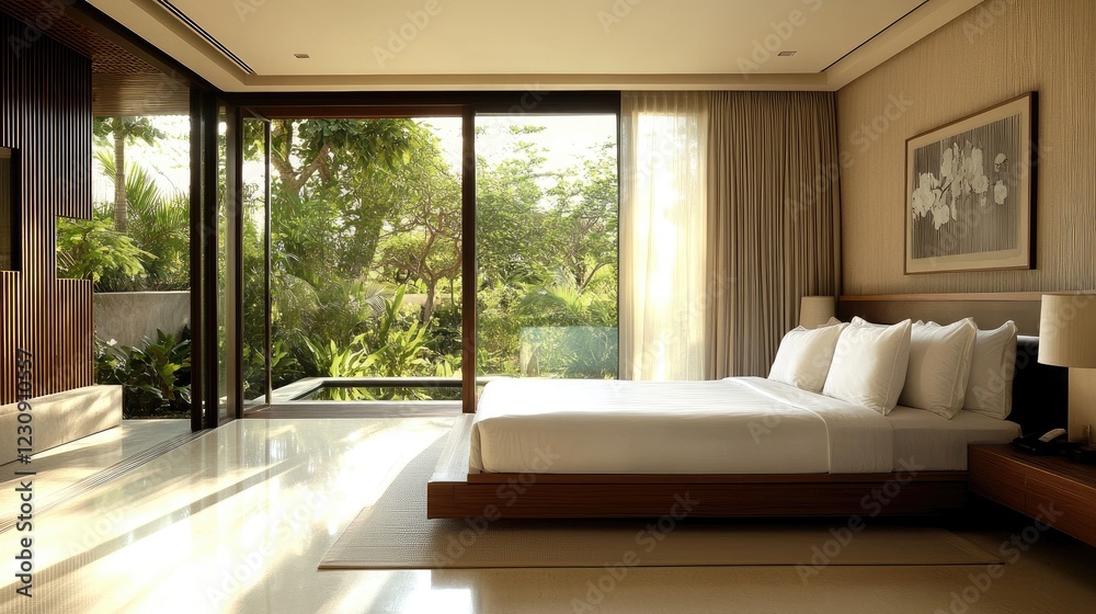 Obraz premium A modern, minimalist bedroom with a platform bed, sparse decor, and a large sliding glass door leading to a private outdoor space, emphasizing tranquility.