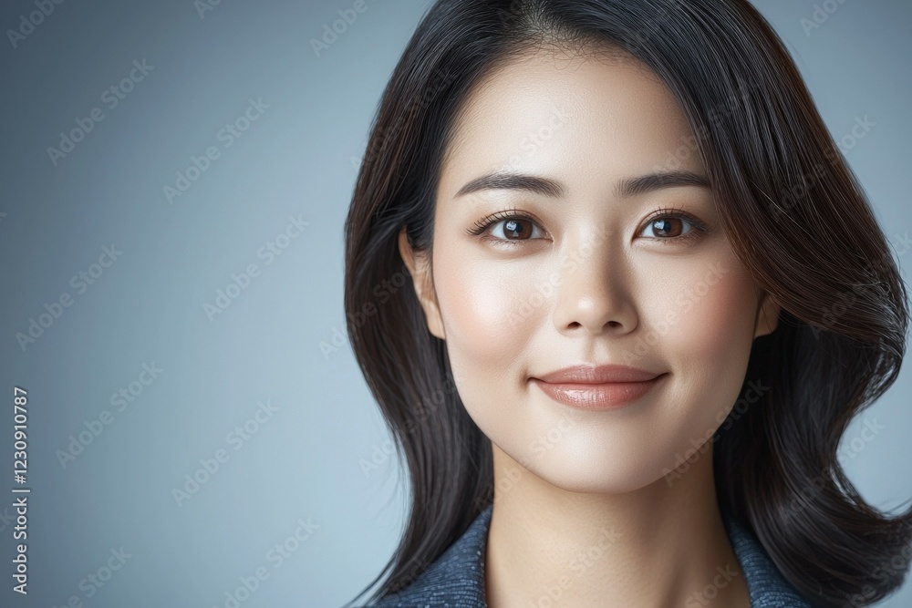 Smiling young asian female with black hair and blue shirt on neutral background Smiling young asian female with black hair and blue shirt on neutral background