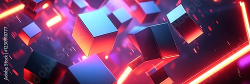 Vector design of bold 3D squares and triangles with neon light highlights captured in bright contrast lighting