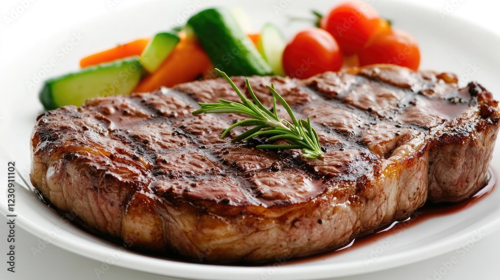 A perfectly cooked steak served on a pristine white plate, with a side of fresh vegetables and a sprig of rosemary, set against a clean, white background. A perfectly cooked steak served on a pristine white plate, with a side of fresh vegetables and a sprig of rosemary, set against a clean, white background.