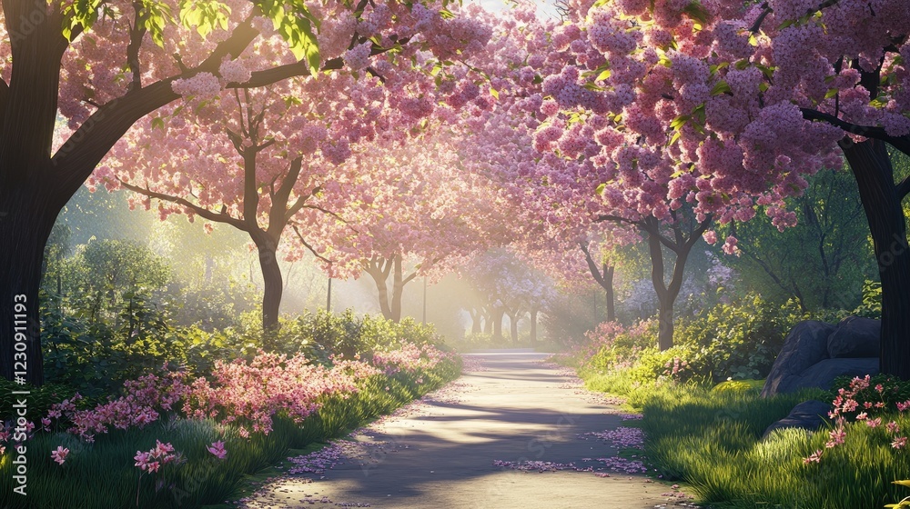 Naklejka premium A picturesque view of cherry blossoms lining a pathway, with a soft sunlight filtering through the flowers and creating a beautiful, tranquil spring scene.