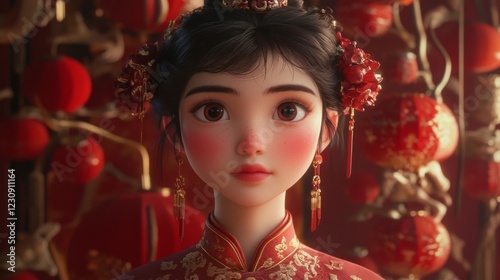Portrait of a Young Woman in Red Festive Attire Amidst Red Lanterns