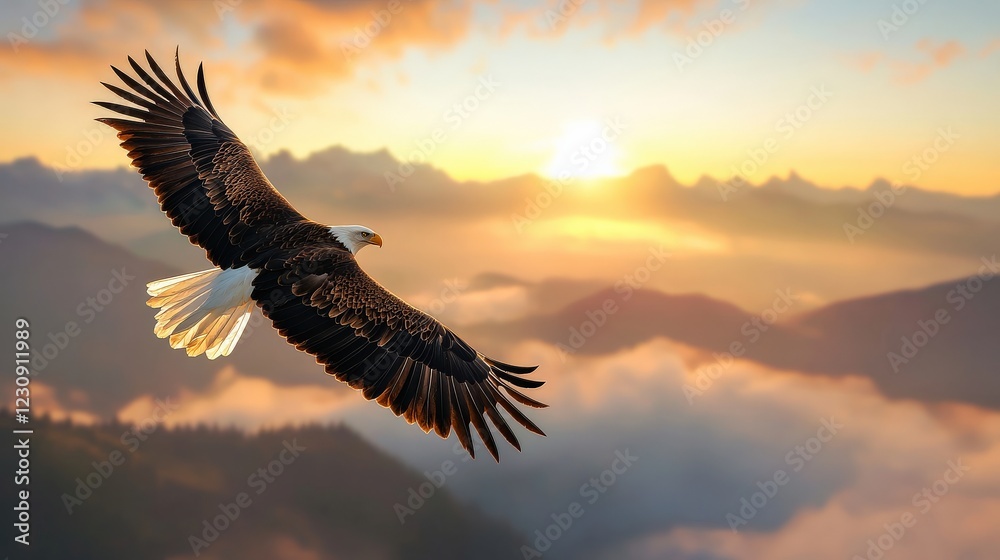 Fototapeta premium Majestic Eagle Soaring Over a Mountain Range at Dawn