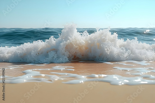 White Wave Crashing on Sandy Beach Under Bright Sunlight photo