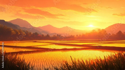 Wallpaper Mural A scenic view of sprawling rice fields at sunset, with golden paddy rice swaying in the breeze, capturing the beauty and serenity of rural agriculture. Torontodigital.ca