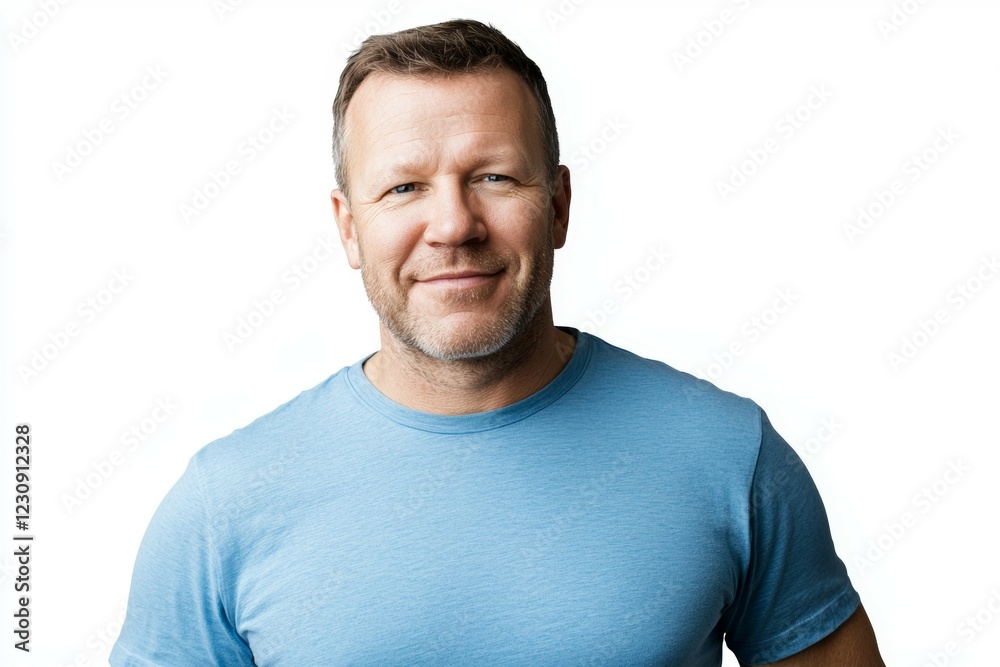 Mature caucasian male smiling in blue shirt against white background Mature caucasian male smiling in blue shirt against white background