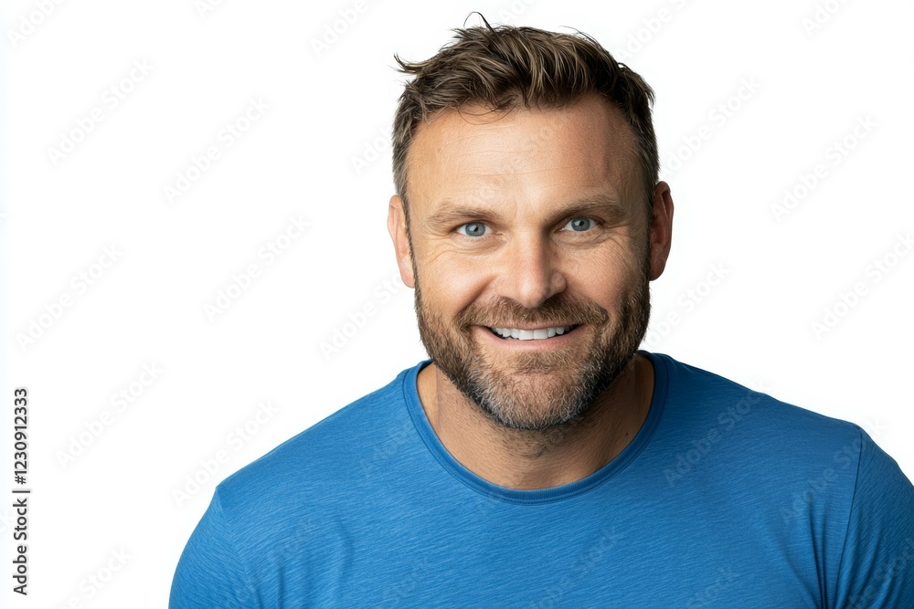 Smiling caucasian male adult with beard in blue shirt on white background Smiling caucasian male adult with beard in blue shirt on white background