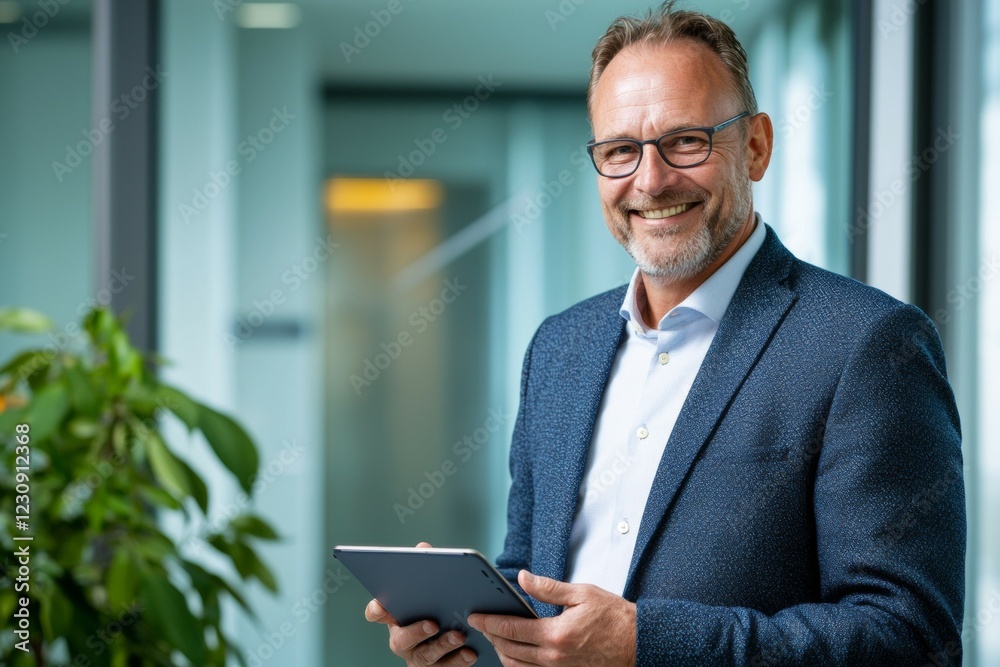 Mature caucasian male professional smiling with tablet in office environment Mature caucasian male professional smiling with tablet in office environment