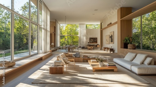 Wallpaper Mural A serene minimalist house featuring an open floor plan with large windows that invite natural light, a neutral color palette, and simple yet elegant furniture for a calm and airy atmosphere. Torontodigital.ca