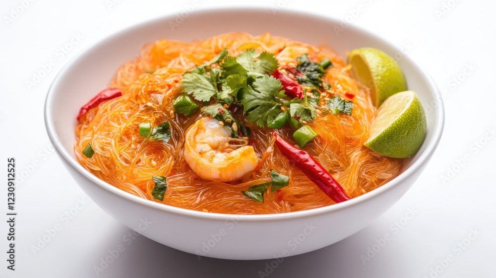 A simple yet appetizing bowl of glass noodles with seafood, topped with chili, lime, and fresh herbs, placed on a pristine white background. A simple yet appetizing bowl of glass noodles with seafood, topped with chili, lime, and fresh herbs, placed on a pristine white background.