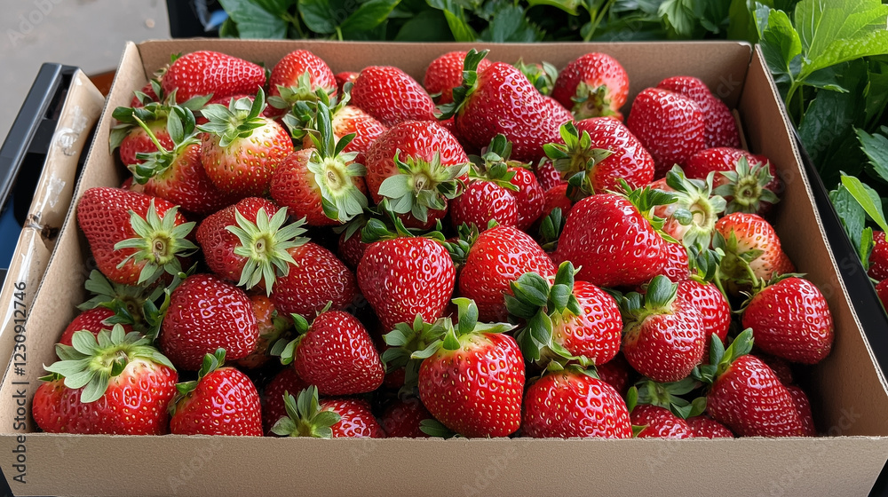 A box of ripe, fresh strawberries with green leaves, ready for sale at a local market or grocery store.