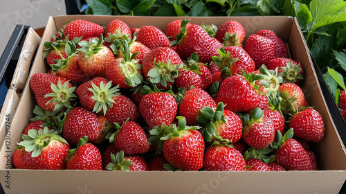 Obraz na płótnie A box of ripe, fresh strawberries with green leaves, ready for sale at a local market or grocery store. w salonie