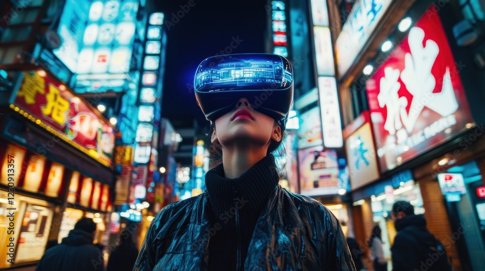 Fototapeta premium Woman exploring VR in neon city