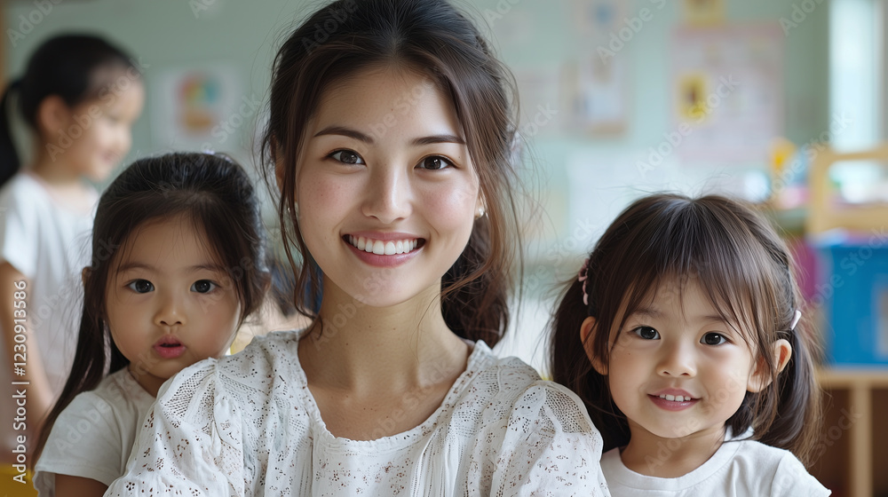 A smiling kindergarten teacher with two young students in a colorful and engaging classroom setting A smiling kindergarten teacher with two young students in a colorful and engaging classroom setting