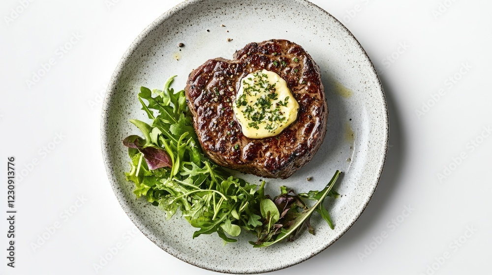 A top-down view of a delicious steak topped with a pat of herb butter, accompanied by a small side salad and placed on a crisp white background. A top-down view of a delicious steak topped with a pat of herb butter, accompanied by a small side salad and placed on a crisp white background.
