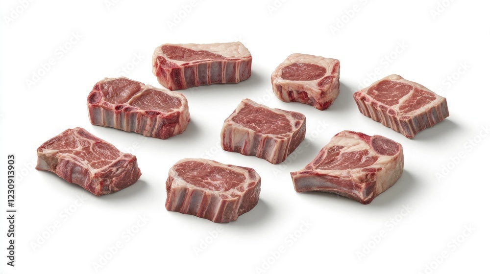 A top-down view of various cuts of fresh pork, including chops and ribs, neatly arranged on a white surface with a focus on their quality and freshness.