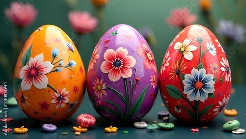  three Easter eggs painted with unique detailed floral patterns. he background features a blurred view of green leaves and flowers, enhancing the springtime theme.  photo