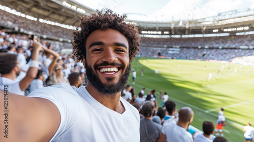 Wallpaper Mural Smiling man taking a selfie at a lively soccer game, fans in the background, bright stadium atmosphere. Torontodigital.ca