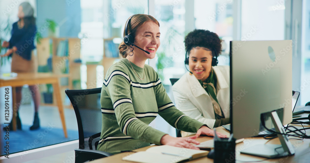 Obraz premium Happy, people and headset with computer in call centre of communication, customer service and ecommerce. Women, teamwork and talking with mic for telemarketing advice, website faq and online solution