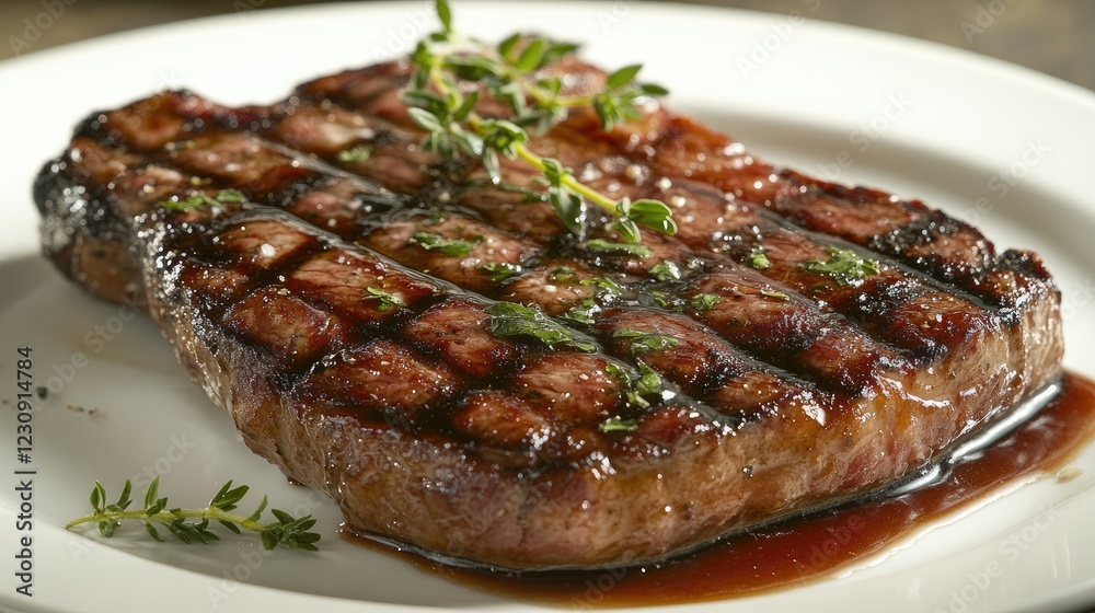 A vibrant image of a steak drizzled with a rich, glossy sauce, served on a white dish with a few sprigs of fresh herbs, highlighting its delicious texture. A vibrant image of a steak drizzled with a rich, glossy sauce, served on a white dish with a few sprigs of fresh herbs, highlighting its delicious texture.