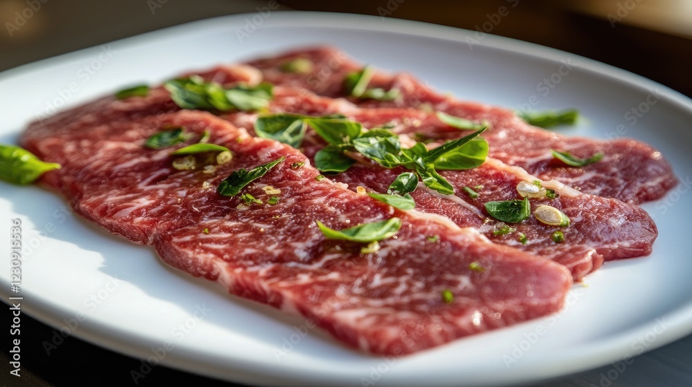 Slices of premium wagyu beef arranged neatly on a white plate, with visible marbling, ready for a high-end barbecue or shabu-shabu meal. Slices of premium wagyu beef arranged neatly on a white plate, with visible marbling, ready for a high-end barbecue or shabu-shabu meal.