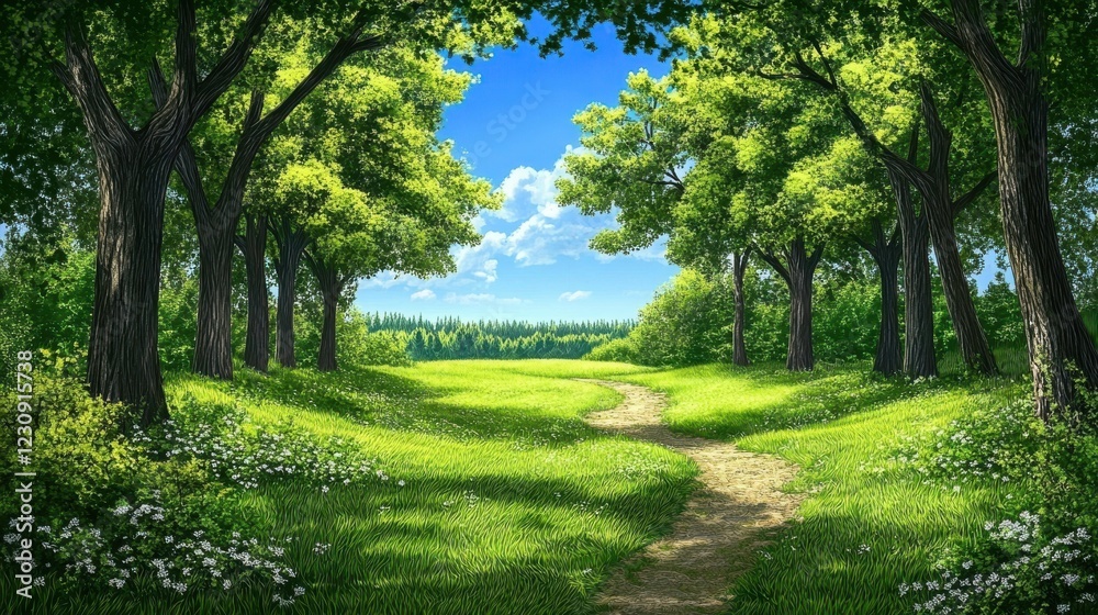 Lush Green Forest Path Leads to Serene Meadow Landscape Lush Green Forest Path Leads to Serene Meadow Landscape