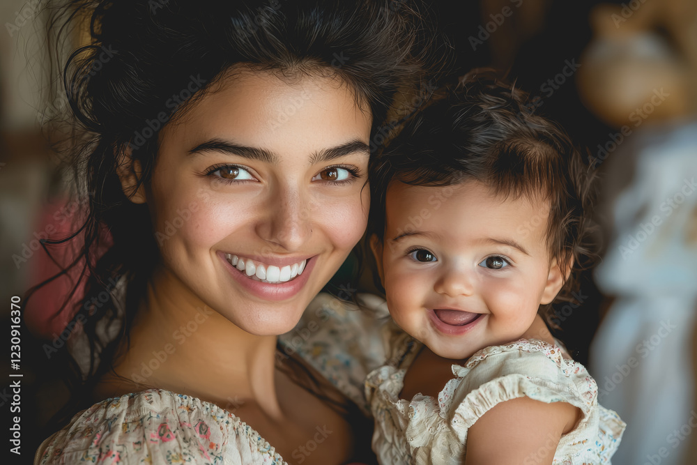 Woman holding a baby in her arms looking lovingly at the child with a warm smile in a bright and cozy indoor setting Woman holding a baby in her arms looking lovingly at the child with a warm smile in a bright and cozy indoor setting